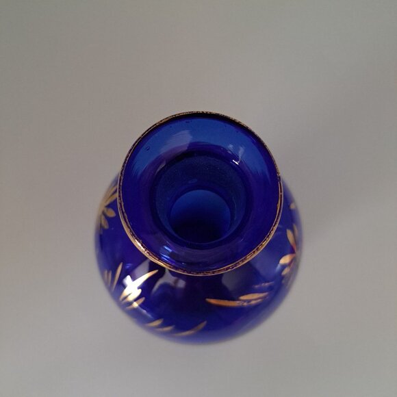 Vintage Cobalt Blue & Gold Glass Decanter With Floral Design - Picture 14 of 16